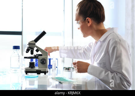 Examine l'échantillon biotechnologiste sous un microscope Banque D'Images