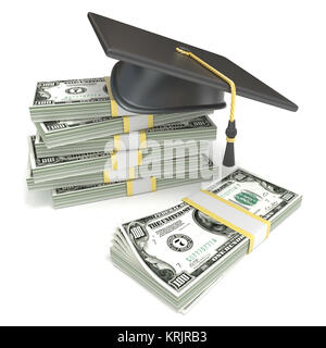 Concept de l'éducation. Graduation cap sur pile de billets d'un dollar. 3D Banque D'Images