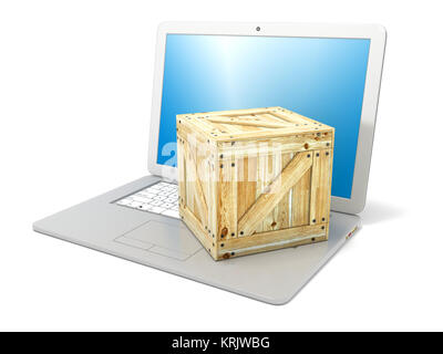Ordinateur portable avec boîte en bois. Concept de commande en ligne de produits. Vue de côté. 3D Banque D'Images