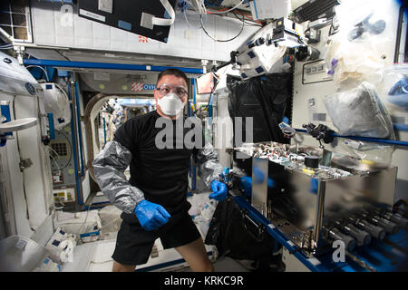 ISS-45 Kjell Lindgren lors des travaux d'inspection dans le nœud Harmony Banque D'Images