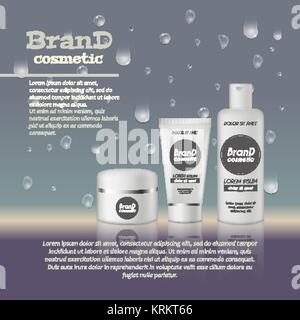3D réaliste bouteille cosmétique modèle ads. Publicité de la marque de cosmétiques concept design avec bulles d'eau et de gouttes d'arrière-plan. Illustration de Vecteur