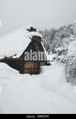 Villages historiques de Shirakawa-go, le Japon en jour de neige, ton film, look classique. Banque D'Images