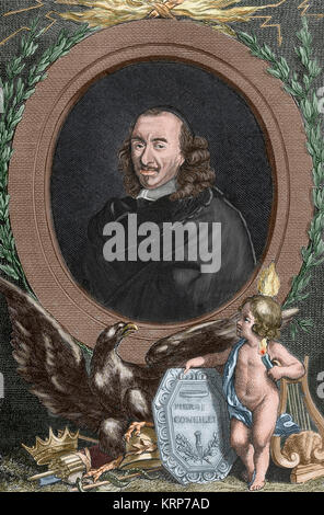 Pierre Corneille (1606-1684). Dramaturge français. Portrait. Gravure de Drosser. De couleur. Banque D'Images