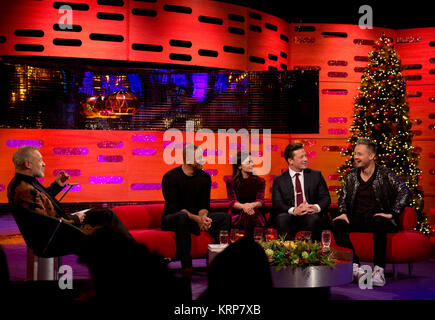 (De gauche à droite) l'hôte Graham Norton, Will Smith, Jenna Coleman, Jamie Oliver et Tom Chaplin pendant le tournage de The Graham Norton Show à la London Studios, à être diffusé sur BBC One le vendredi soir. Banque D'Images