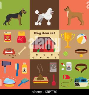 Soins chien ensemble d'objets, les éléments et les bébés, vector cartoon illustration, denrées alimentaires médicaments vêtements collier cage d'os Illustration de Vecteur