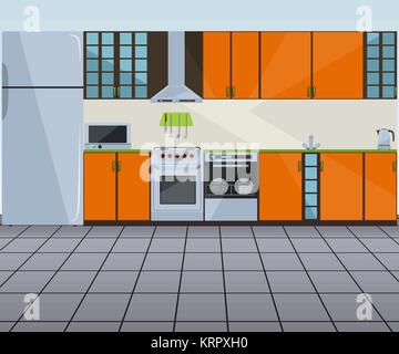 Orange moderne cuisine intérieur - vector illustration Illustration de Vecteur