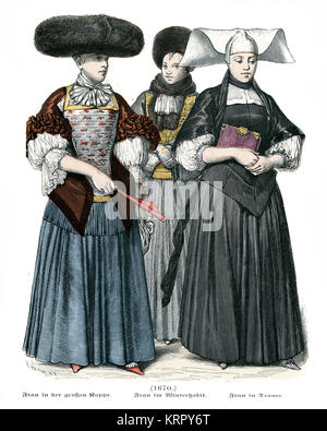 La gravure de mode vintage femme de Strasbourg 17ème siècle. Femme en vêtements d'hiver et d'une femme en deuil Banque D'Images