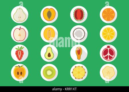 Vecteur fruit icon set - poire, pêche, abricot, melon, orange, pomme, melon, noix de coco, citron, fraise, avocat, papaye, grenade, kaki, k Illustration de Vecteur