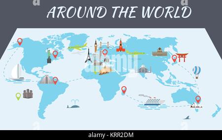 Illustration de vector design plat carte postale avec célèbre world landmarks icônes sur la carte Illustration de Vecteur