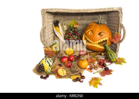 Aus einem Korb mit einem geschnitzten Helloween Kürbis tombé Früchte und Obst wie Äpfel, Nüsse oder mais. Wundervolle Herbst Dekoration zur Erntezeit. Banque D'Images