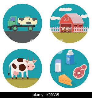 Produits laitiers de vache, télévision illustration avec chariot de lait, yogourt, lait et produits laitiers Illustration de Vecteur