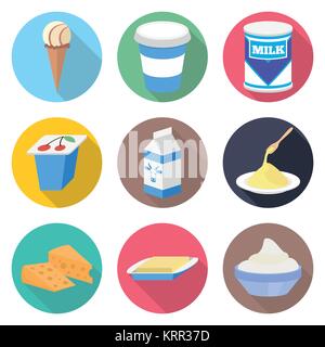 Les produits laitiers vector icon set - lait, yogourt, crème glacée, fromage et beurre Illustration de Vecteur