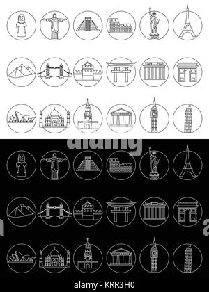 Sites de voyage populaires icônes - vector set de fine ligne monuments symboles ou éléments du logo Illustration de Vecteur