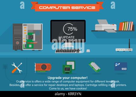 Bannière de service de l'ordinateur. L'exécution du processus de mise à jour. Ordinateur de bureau avec imprimante et des livres. Composants avec carte graphique, processeur, RAM et SS Illustration de Vecteur