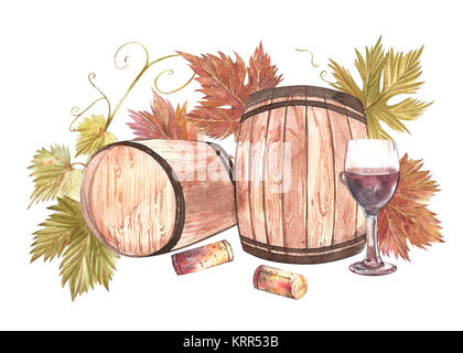 Fûts en bois et verres de vin et de feuilles de raisin, isolé sur blanc. Illustration à l'aquarelle à la main. Banque D'Images