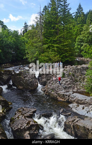 Les gens d'escalade sur les rochers, à Betws-Y-Coed Cascade, rivière Conwy, vallée de Conwy, Galles, Royaume-Uni. Banque D'Images