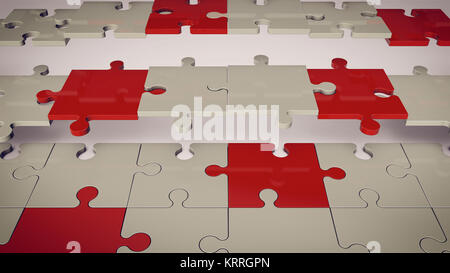 Un rendu 3d abstrait d'un marbre gris et rouge composé d'énigmes placées de travers. Deux rangées de puzzles sont absents.La surface de fond est blanc. L Banque D'Images