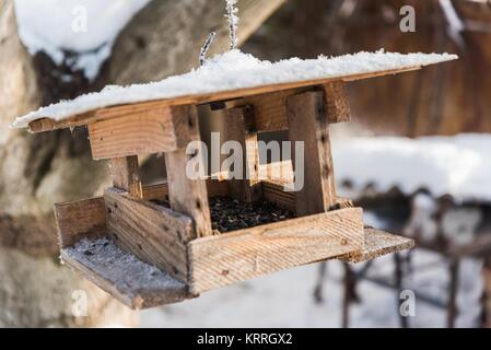 Mangeoire en bois avec des graines de tournesol en hiver Banque D'Images