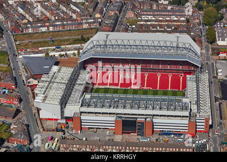 Une vue aérienne d'Anfield Stadium, domicile du FC Liverpool Banque D'Images