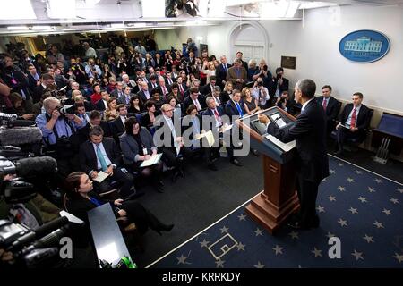 Le président des États-Unis, Barack Obama tient sa dernière conférence de presse à la Maison Blanche salle des conférences de presse Le 17 janvier 2017 à Washington, DC. Banque D'Images
