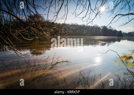 Tanzende Blätter im Herbst bei langer Belichtung, buntes und Herbstlaub Wanderung auf einem Voir, blauer Himmel und bunter Herbst am Wasser Banque D'Images