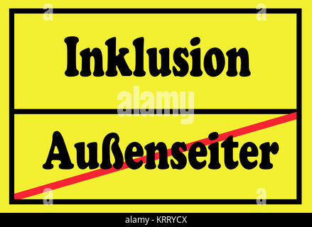 Gelbes Verkehrsschild mit der Aufschrift durchgestrichen und Qualität und Außenseiter Banque D'Images