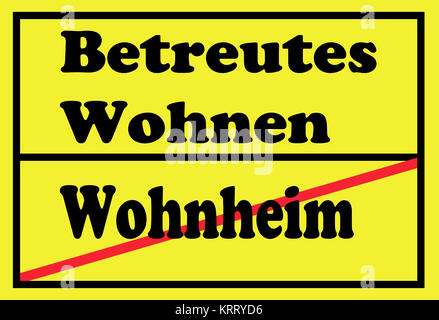 Gelbes Verkehrsschild mit der Aufschrift durchgestrichen Betreutes Wohnen und Wohnheim Banque D'Images
