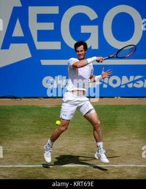 Londres, Angleterre - le 21 juin : Andy Murray de Grande-bretagne célèbre la victoire avec le trophée après son dernier match du tournoi contre Kevin Anderson, de l'Afrique du Sud, au cours de sept jours de l'Aegon Championships à Queen's Club le 21 juin 2015 à Londres, en Angleterre. People : Andy Murray Banque D'Images