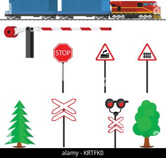 Le trafic ferroviaire et de la voie avec des conteneurs. Railroad train transport. L'équipement ferroviaire avec des signes, les barrières, les alarmes, les feux de circulation. Télévision ic Illustration de Vecteur