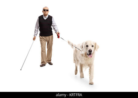 Portrait d'un homme mûr avec un bâton de marche et un chien isolé sur fond blanc Banque D'Images