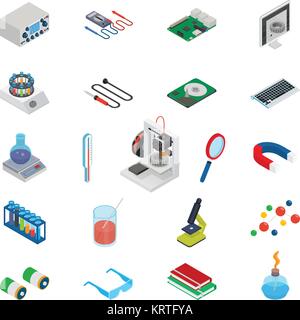 La science isométrique des icônes avec la conception 3D, l'équipement électronique et la chimie - vector illustration Illustration de Vecteur