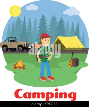 Le camping et les loisirs de plein air concept. Homme avec sac à dos dans une clairière de la forêt. Camp forestier avec une tente et une jeep. Vector illustration. Illustration de Vecteur