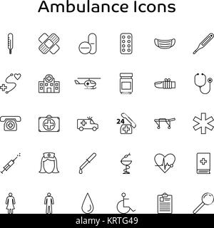 Soins médicaux, Ambulance et contours vector icons - isolé sur fond blanc Illustration de Vecteur