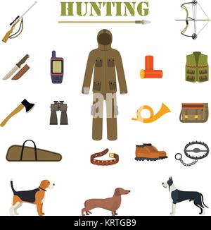 Kit d'équipement de chasse au fusil, couteau, poursuite, fusil de chasse, bottes, mécénat etc. Les chiens de chasse. Vector illustration Illustration de Vecteur