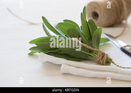 Un bouquet de sauge fraîche sur la table en bois clair. Selective focus Banque D'Images