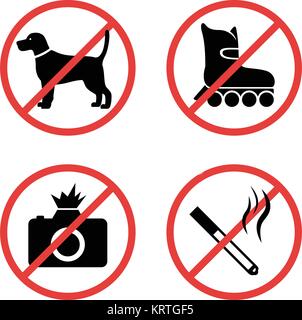 Les panneaux d'interdiction des actions différentes à différents endroits. Signes vecteur sont situés sur un fond blanc. Illustration de Vecteur