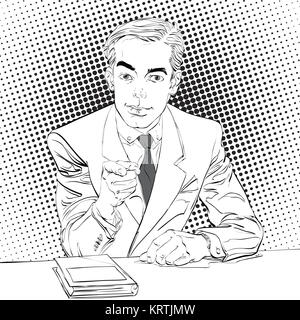 Pointant l'homme, demi-teinte pop art fond noir et blanc Banque D'Images