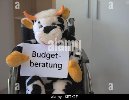 Vache en peluche assis dans un fauteuil roulant et avec un panneau budgetberatung Banque D'Images