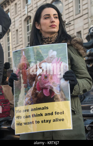 Une femme est titulaire d'un végétalien affiche montrant les poulets avec le message 'nous suis animal - nous pouvons penser et ressentir - nous voulons rester en vie" à la base de l'Éros à Piccadilly Circus Banque D'Images