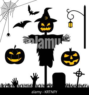 Jeu de silhouettes vecteur pour Halloween. Les citrouilles, chauves-souris et le cimetière. Illustration de Vecteur