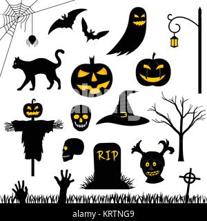 Jeu de silhouettes vecteur noir pour Halloween. Les citrouilles, chauves-souris et le cimetière. Illustration de Vecteur