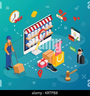 Magasinage en ligne avec l'ordinateur de bureau. E-commerce Concept affiche avec service de livraison et customer support chat service. Vector illustration 3D isométrique. Illustration de Vecteur