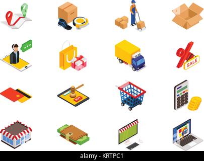 Magasinage en ligne - articles avec isométrique choses, panier, boutique, sac, calculatrice, carte de crédit, des ordinateurs, de l'argent dans votre portefeuille, la carte, cadeau, la prestation de l'homme et de location Illustration de Vecteur