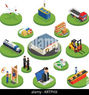 Ensemble d'icônes isométrique de la logistique de transport différents véhicules de distribution et éléments de livraison Illustration de Vecteur