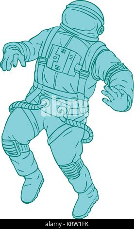 Croquis dessin illustration de style d'un astronaute, cosmonaute ou spaceman flottant dans l'espace isolé sur fond. Illustration de Vecteur