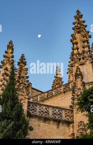 Tôt le matin de l'Ornate Cathedral Spires à Ségovie, Espagne avec ciel bleu et la Lune Banque D'Images