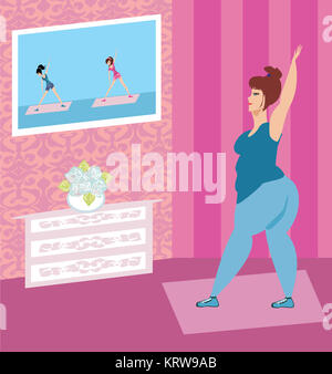 Femme obèse faisant des exercices à la maison tout en regardant la télévision sur le programme Banque D'Images