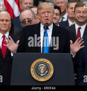 Le Président des Etats-Unis, Donald J. Trump parle sur la pelouse Sud de la Maison blanche entourée de United States Vice-président Mike Pence et les membres du Congrès républicain après le Congrès des États-Unis a adopté la loi de réforme de l'impôt républicain parrainé, le 'Réductions d'impôt et de la Loi sur l'emploi, à Washington, DC, le 20 décembre 2017. Crédit : Alex Edelman/CNP /MediaPunch Banque D'Images