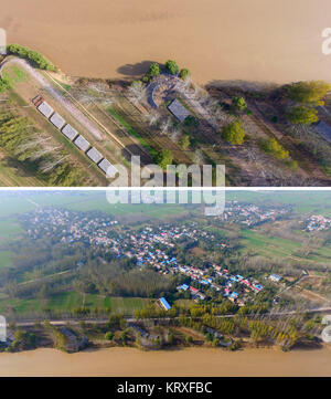 (171221) -- ZHENGZHOU, 21 décembre 2017 (Xinhua) -- Combo photo prise le 2 novembre 2017 montre la facilité de contrôle des inondations Zhengzhai au Village de Lugang Township dans le comté de Changyuan, centre de la Chine, la province du Henan. À partir de la fin de 2014, le gouvernement provincial du Henan a organisé un projet pilote de lutte contre la pauvreté La pauvreté à déménager 14 villages le long du fleuve Jaune à partir de la zone inondable de nouvelles colonies, tout en encourageant les villageois réinstallés à développer l'agriculture de l'industrie et du tourisme pour augmenter leur revenu. En août dernier, le projet a été officiellement approuvé par le développement national et Bfer Banque D'Images