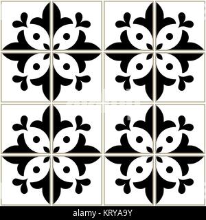 Motif carreaux azulejos Portugais - design bleu marine, vecteur transparent fond noir et blanc, vintage jeu de mosaïques Illustration de Vecteur